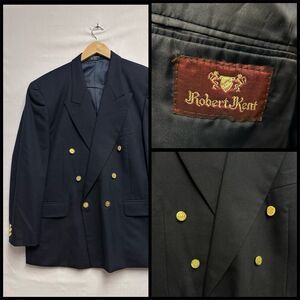 Robert Kent Wool Blazer Double Breasted Peak Lapel Navy Blue Gold Buttons 44R